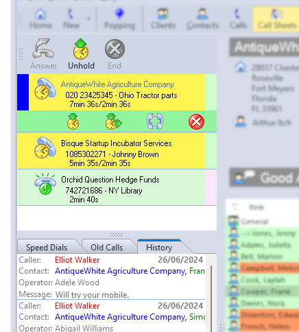 Phone System Integration - Call Handling section showing multiple calls being handled with Answer, Hold, Unhold, Transfer and Conference options 